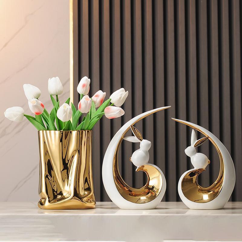 Modern Creative Rabbit Ceramic Ornaments Office Cafe Table Sculpture Gift Crafts Home Living Room Bookshelf Desk Figurines Decor