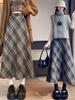 Women's High Waist Wool Plaid A-Line Skirt - Slimming, Mid-Length, Retro Style for Autumn/Winter
