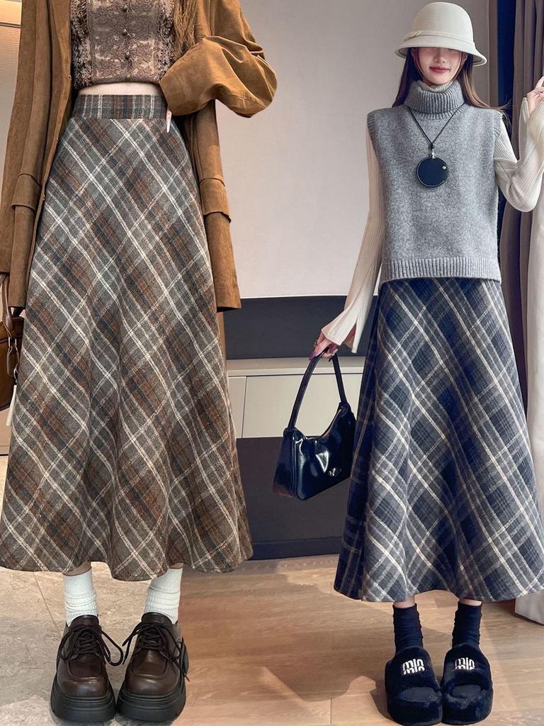 Women's High Waist Wool Plaid A-Line Skirt - Slimming, Mid-Length, Retro Style for Autumn/Winter
