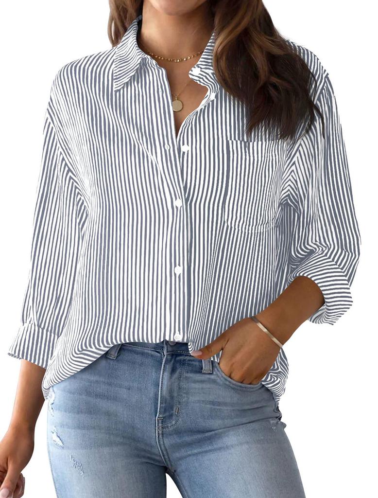 Women's Striped Long Sleeve Collared Button-Down Shirt with Pocket