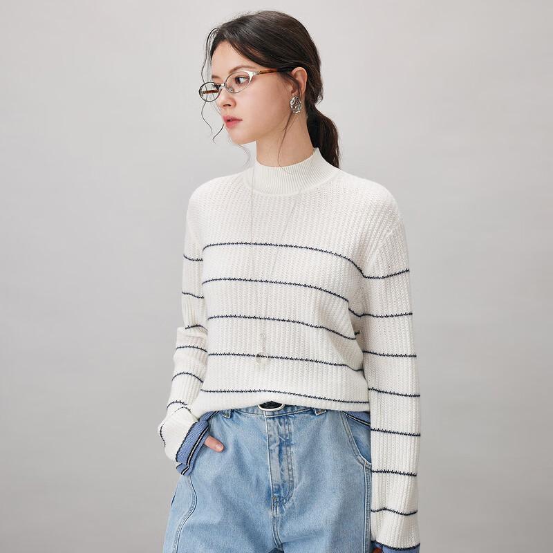 Kemengboka Women's 100% Cashmere Striped Mock Neck Sweater