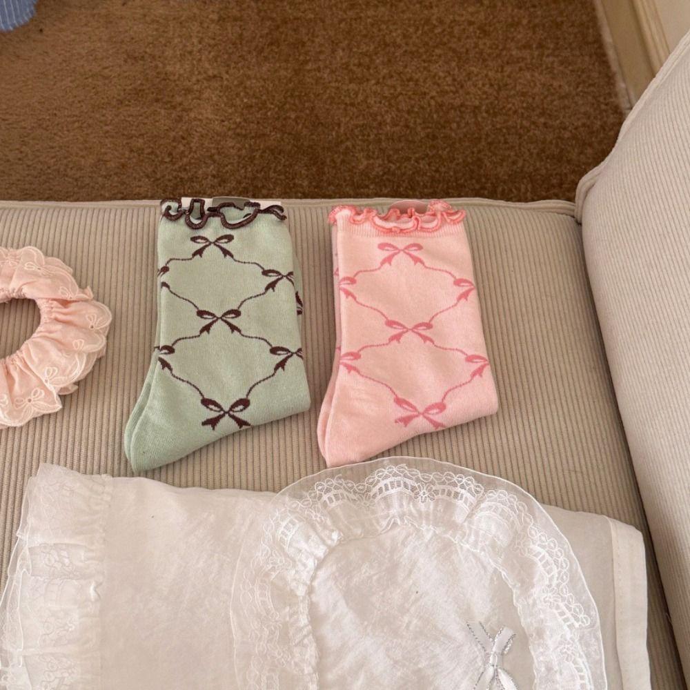 5Pairs Breathable Mid Tube Socks Thin Cotton Sweet Socks Women Fashion Ruffle Bow Socks  Streetwear
