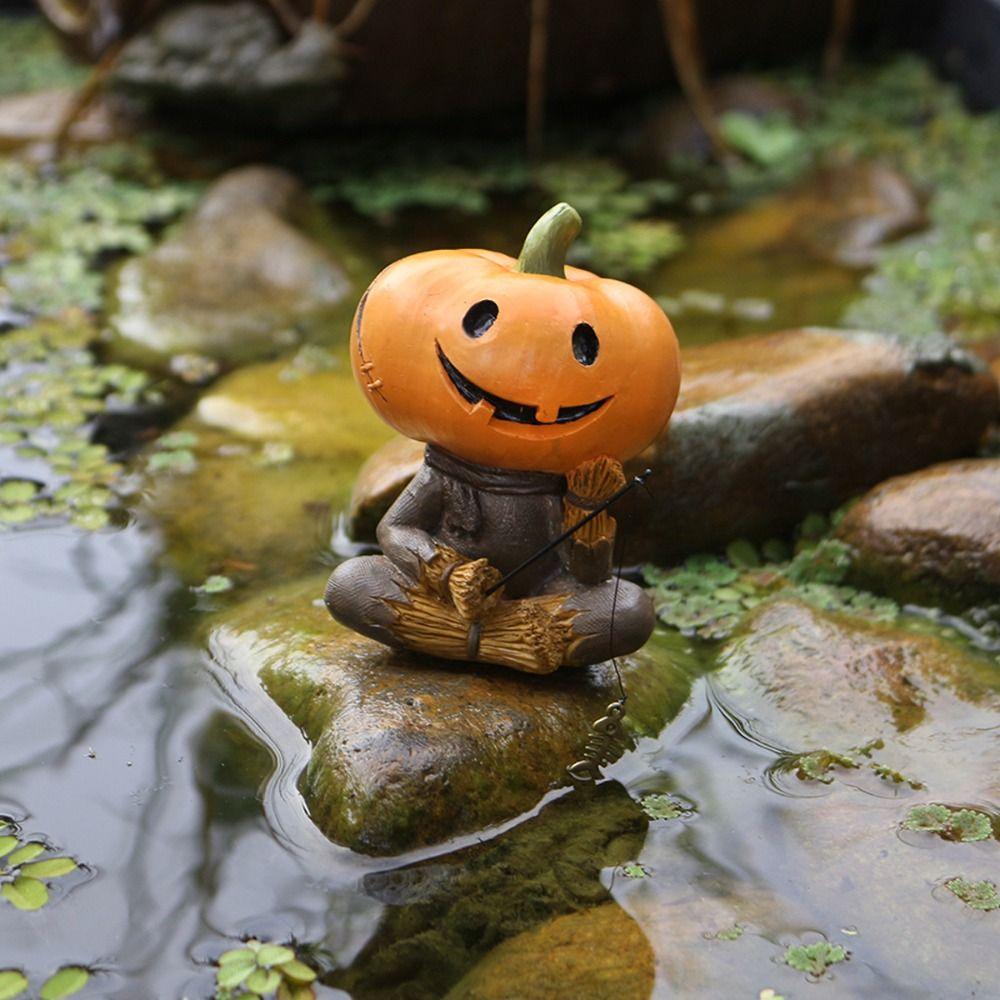 Cartoon Pumpkin Scarecrow Fishing Statue Resin Miniatures Figurine Pumpkin Elf Sculpture  Balcony