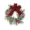 9" Mini Christmas Wreath Artificial Frosted Pine Wreath with Red Berry Buffalo Plaid Bow for Farmhouse Indoor Outdoor Kitchen Cabinet Decor