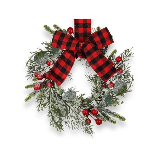 9" Mini Christmas Wreath Artificial Frosted Pine Wreath with Red Berry Buffalo Plaid Bow for Farmhouse Indoor Outdoor Kitchen Cabinet Decor