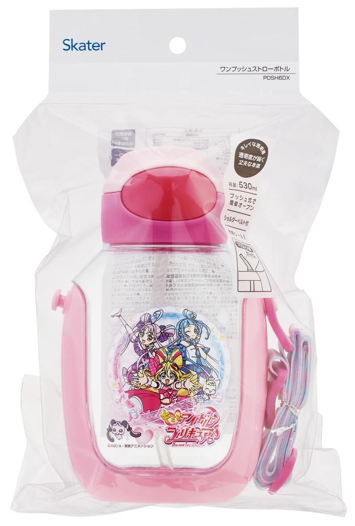 Skater Water Bottle with Kimi To Idol Children's Straw, 530ml, One-Push Operation, PreCure, Girl's Design, PDSH6DX-A