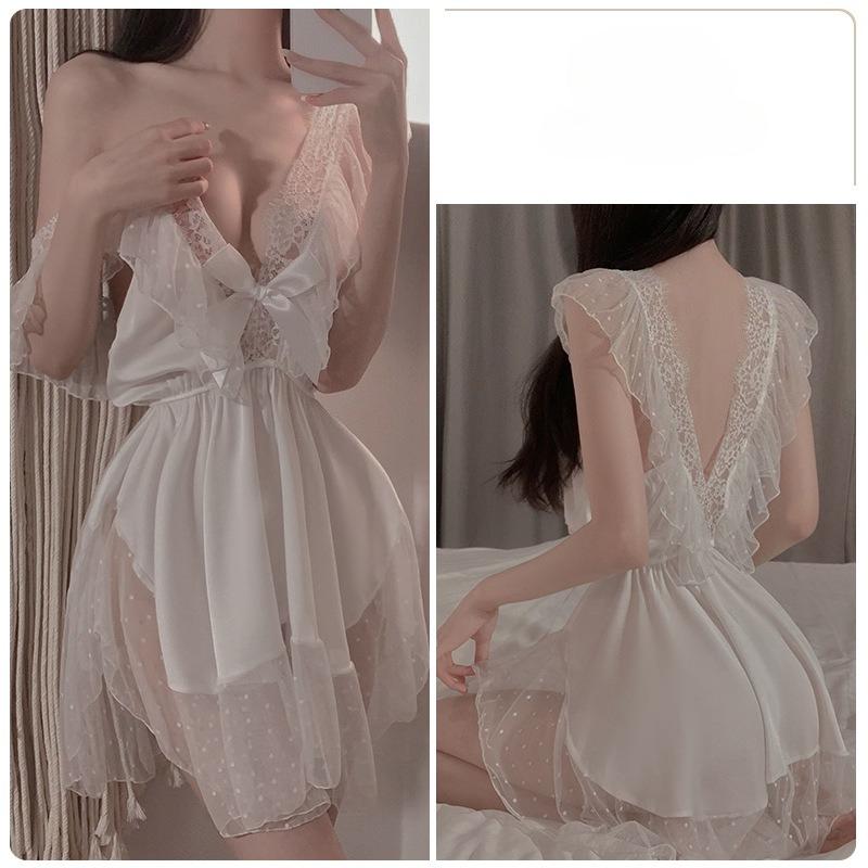 Große Größen Damen Süßes Spitzen-Schlafkleid Pünktchen Netz-Rückenfreies Cami-Nachthemd