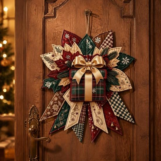 Handgefertigte Stoff-Weihnachtsdekorationen DIY Gesteppte Schleife Nähbastelset, Vorgeschnittene Patchwork-Feiertagsmaterialien für Erwachsene Set, Türhänger Wandkamin Zuhause