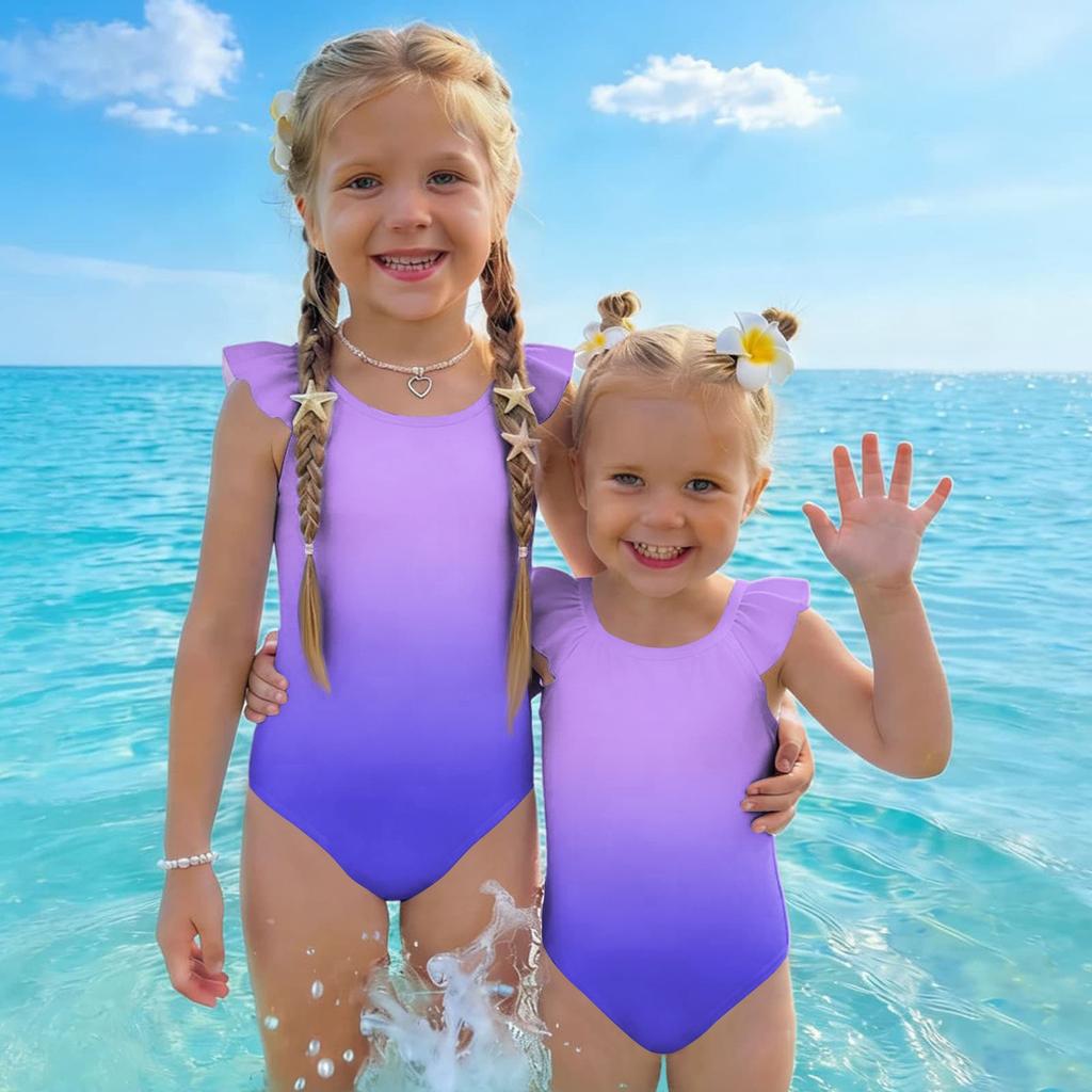 Girls One Piece Swimsuit Gradient Print Sleeveless Ruffle Shoulder Swimwear Summer Beachwear Kids Bathing Suit