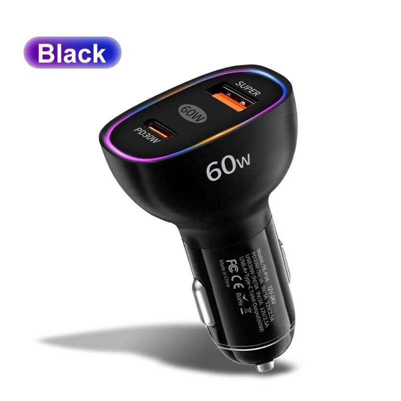 Car Charger 60W Usb C Fast Charger Pd30W Qc3.0 Dual Port Adapter Quick Charge 3A For Mobile Phones Tablets