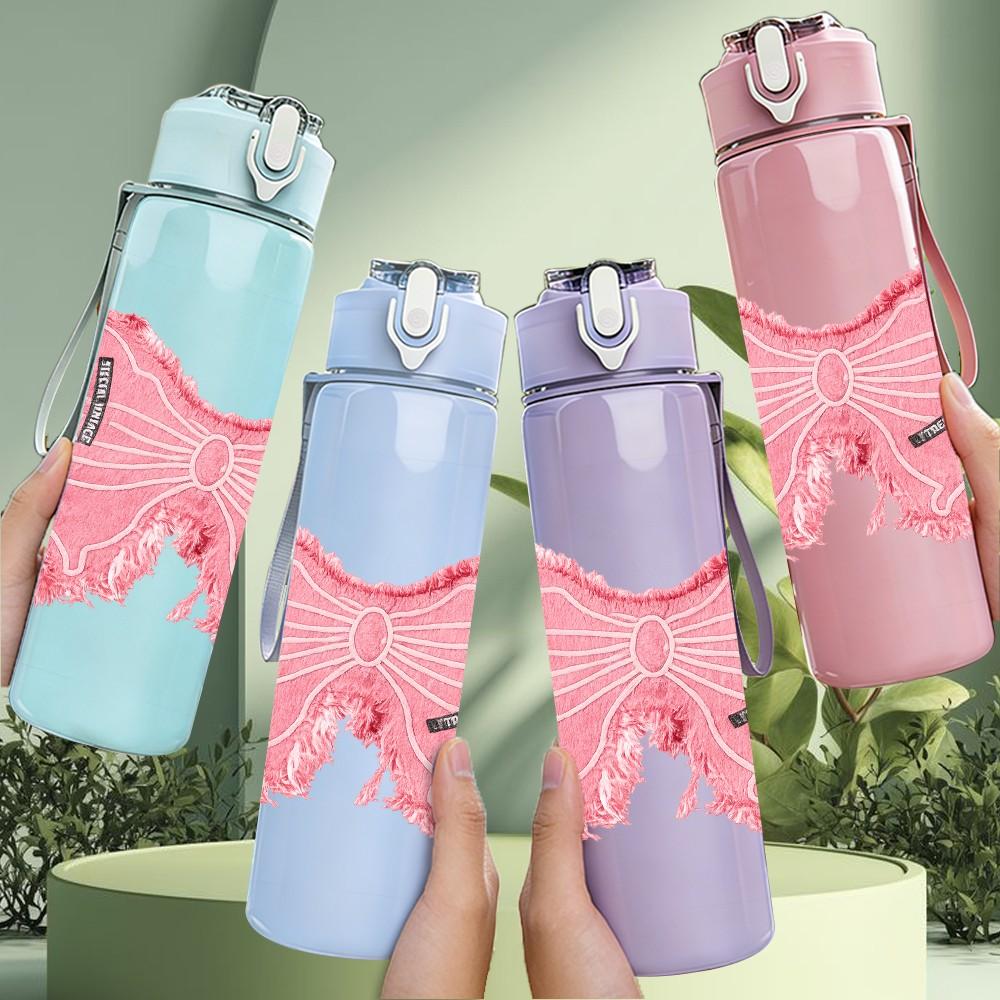 1PC Soft Pink Fabric Bow Ribbon Print 750ml Color Plastic Sports Water Bottle Leakproof Flip Straw Lid Suitable for Sports Office Home Use