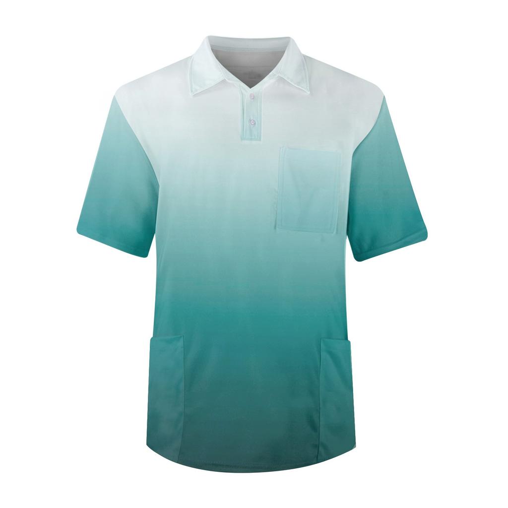 Pánské tričko s krátkým rukávem, knoflík klopa s přechodovým potiskem na hrudi, kapsa na sucho