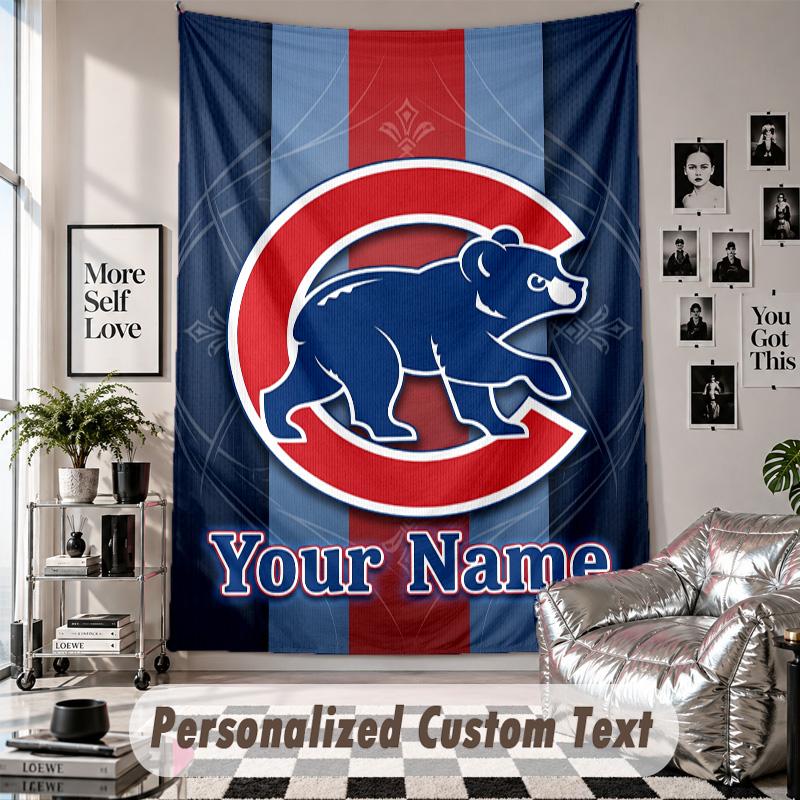 Vægtæppe med personligt navn og tekst, Chicago Cubs dekorativt vægtæppe til soveværelse