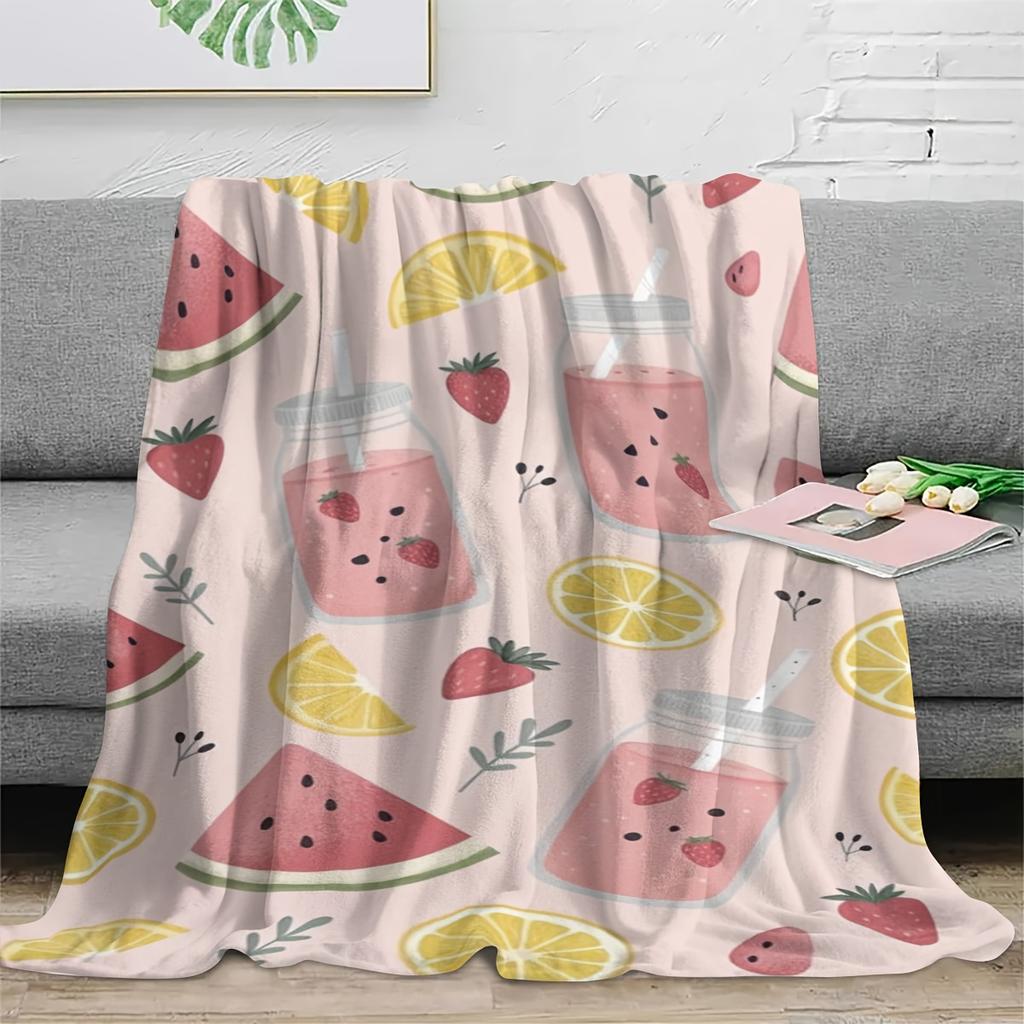 Watermelon and Watermelon Juice Flannel Blanket - Bed, Sofa, Office, Travel, Gift, Decoration, Chair, Cozy and Warm, Christmas