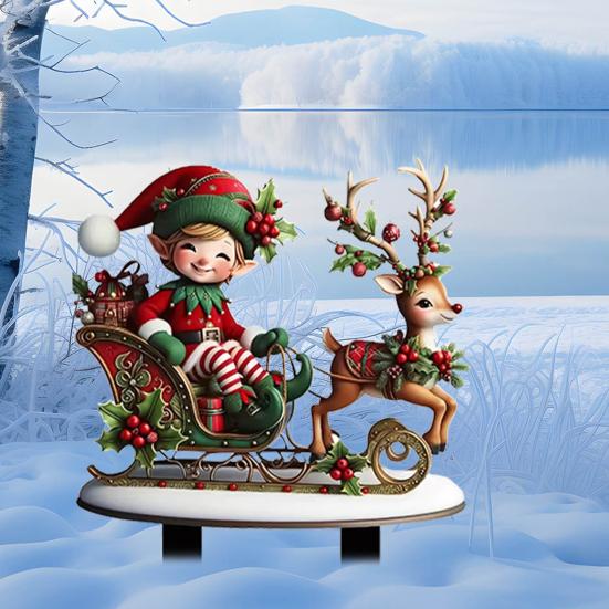 Waterproof Garden Inserts Christmas Elf Stake, Reindeer Sleigh Acrylic Yard Art Ornaments Xmas Outdoor Ornament for Holiday Lawn Flower Bed Decoration