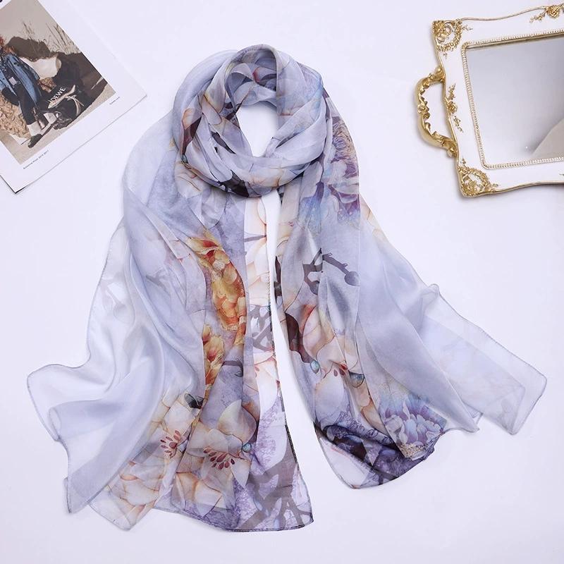 Spring Summer 100% Silk Scarf Shawl Hijab Wrap Women Long Thin Flower Beach Scarves 180*110cm