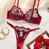 European-American Sexy Lingerie: Red Velvet Rose Embroidered Push-Up Bra & Panty Set