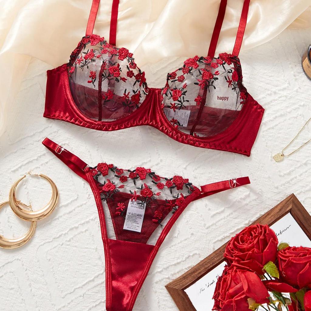 European-American Sexy Lingerie: Red Velvet Rose Embroidered Push-Up Bra & Panty Set