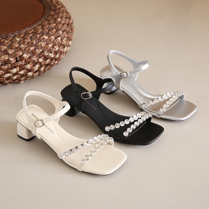 

Elegant French Style Square Head High Heels Sandals Women Summer Fashion Outdoor Wear Comfortable Thick Heel One Strap Fairy 40 срібний