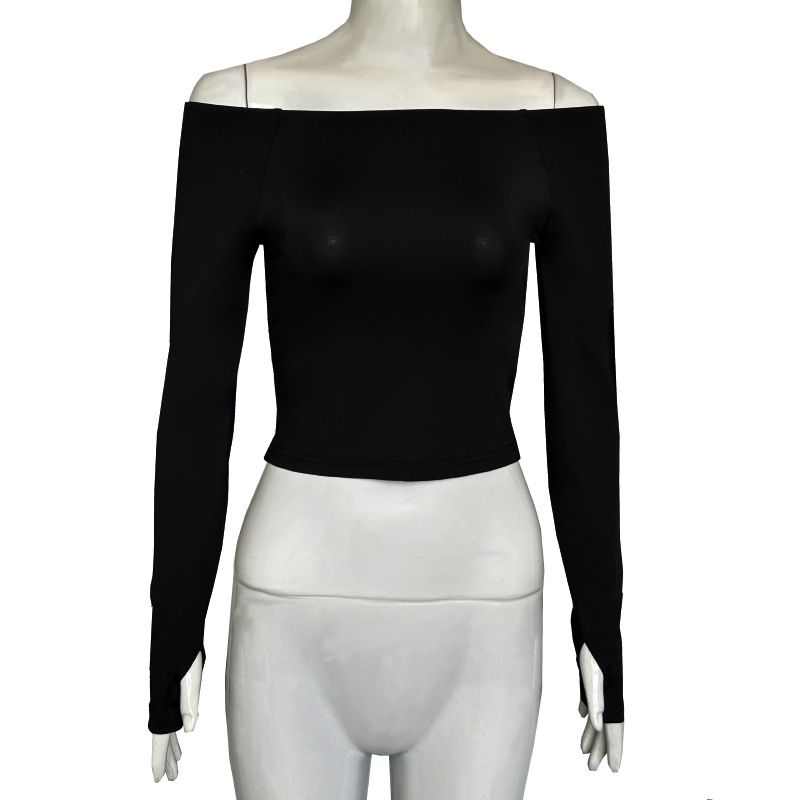 Fashion Style Autumn Basic Minimalist Finger Fit Design Sleeve Pure Color off-Neck Shoulder-Baring Bottoming Outwear Black T-shirt T-Shirt