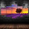 Lonely Tree Lavender Flowers Field Sunset Canvas 5 Piece Five Panel Wall Print Modern Art Poster Picture Home Decor Gift For Him For Her