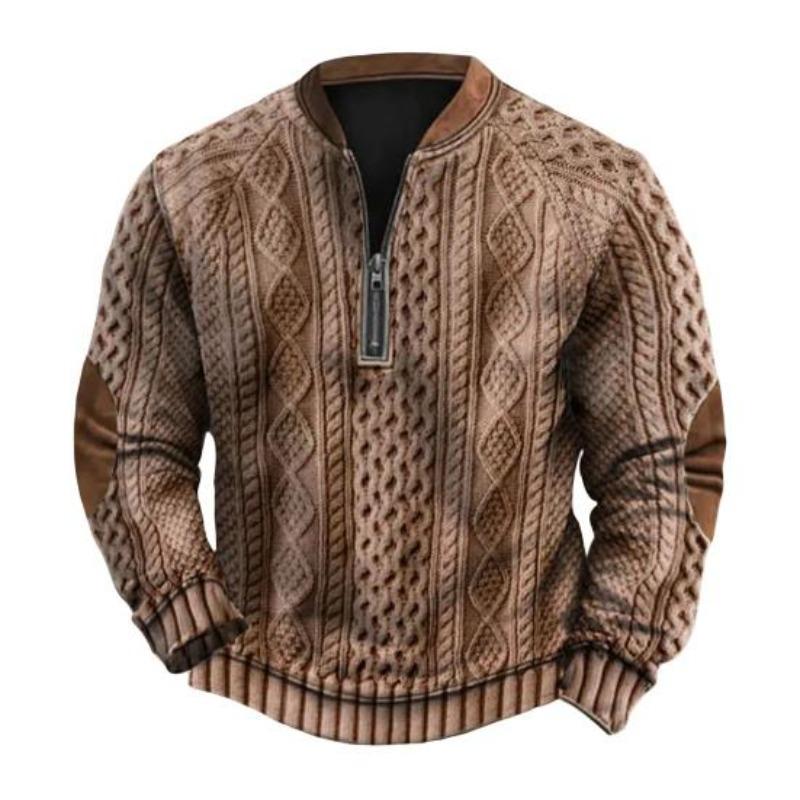Fall Winter Men Sweatshirt Half Zipper Rhombus Texture Patchwork Round Neck Pullover Long Sleeves Daily Outdoor Sports Top