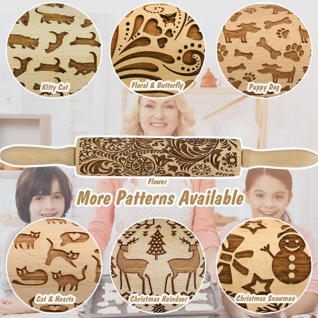 Christmas Embossed Rolling Pin for Baking Cookies Embossing Rolling Pins with Design Wooden Engraved Springerle Roller Pin Dough Patterned Clay