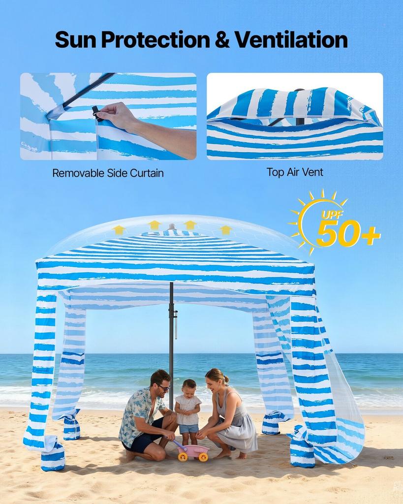 Beach Cabana, 1.83 x 1.83 m Beach Canopy with Side Wall, UPF 50+ Protection Easy Setup Cabana Tent with Sand Pockets, Portable Shade Sun Shelter