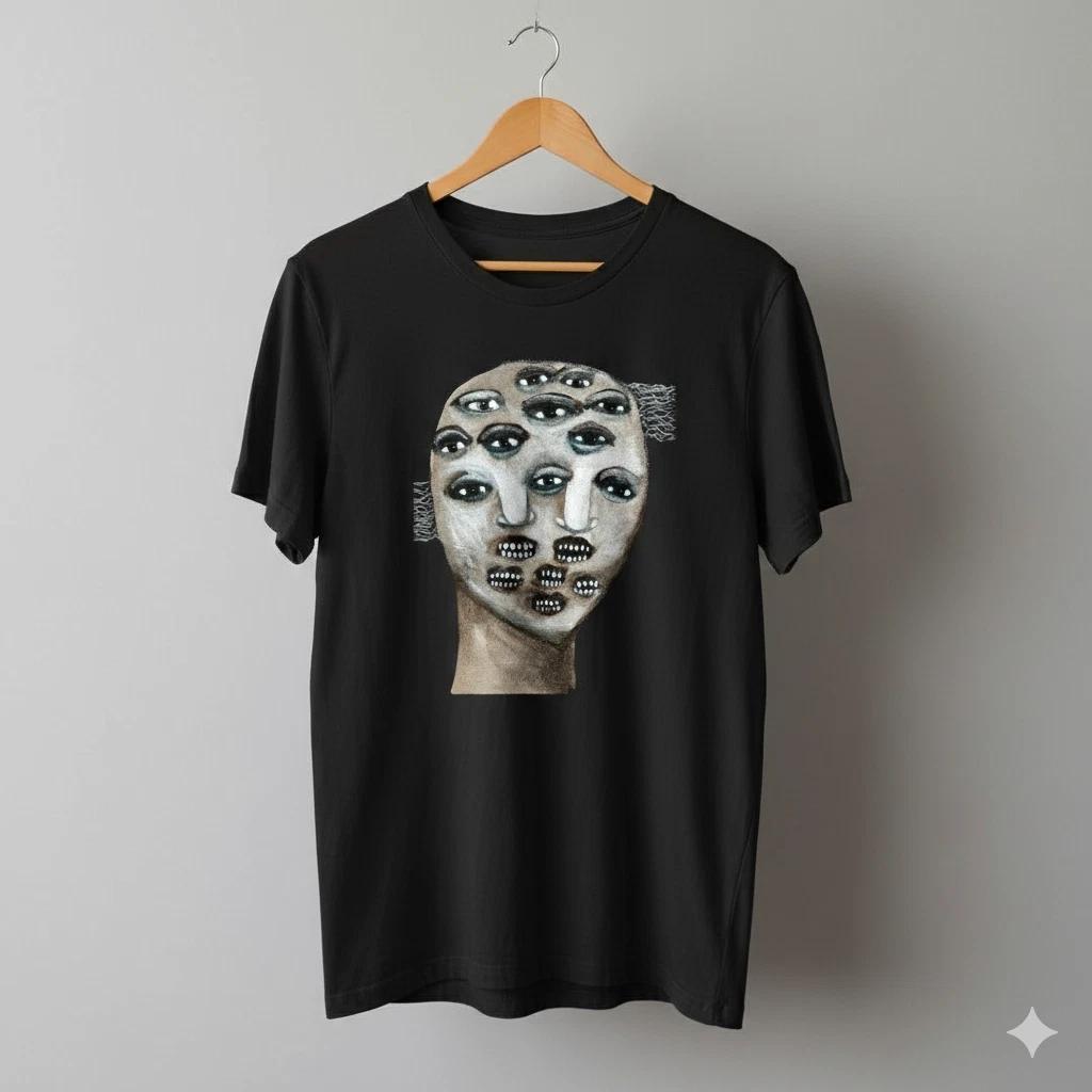 Unisex Adult Casual Graphic Surreal Multi Eye Face Graphic T-Shirt ... L