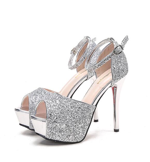 

Fashion black/silver bling platform gladiator sandals side open peep toe trendy women stilettos sequins thin heels buckle sandales shoes 4.5 серебряный