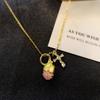 Anenjery Pink Zircon Pinecone Cross Pendant Necklace for Women New High End Sweet Exquisite Clavicle Chain Jewelry Gift