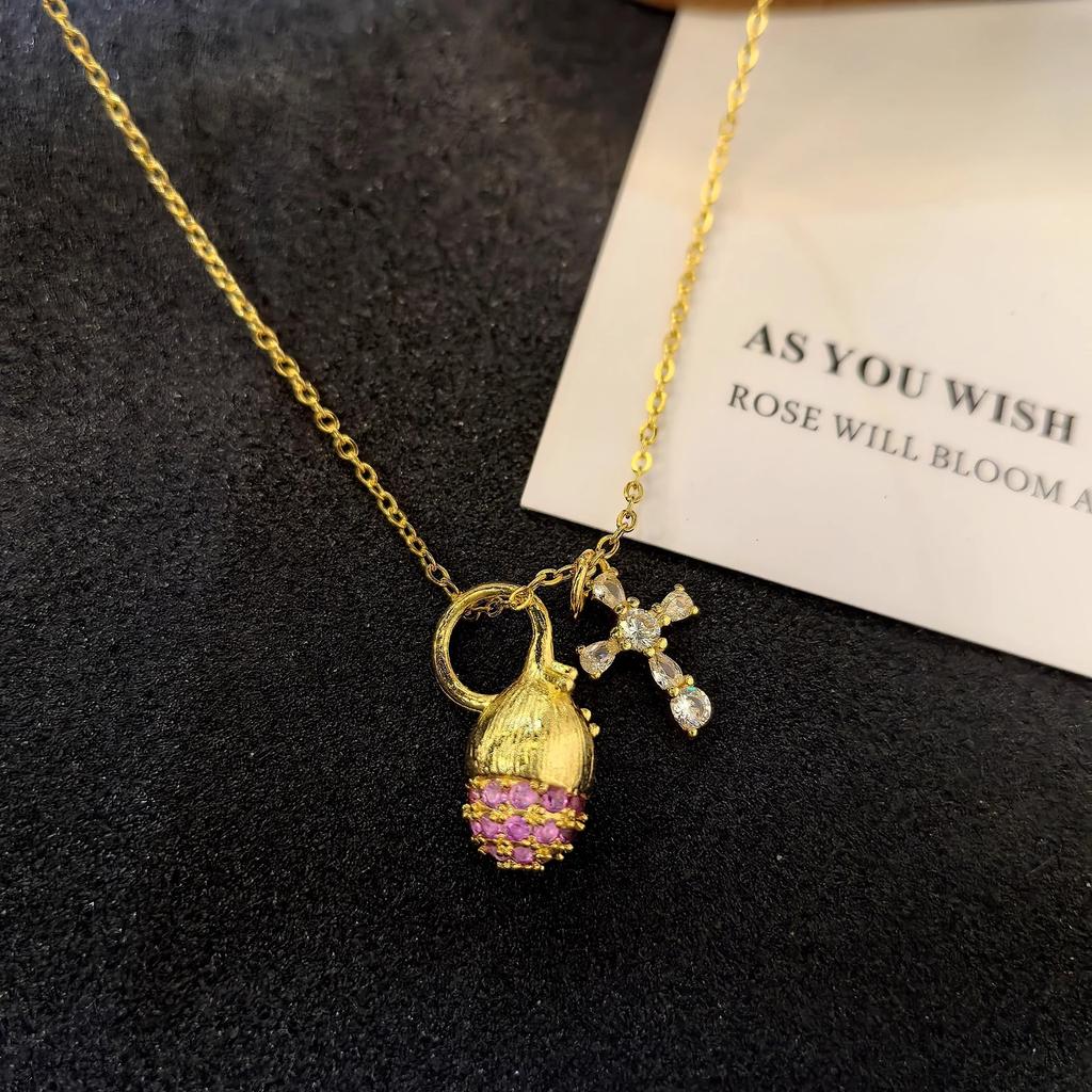 Anenjery Pink Zircon Pinecone Cross Pendant Necklace for Women New High End Sweet Exquisite Clavicle Chain Jewelry Gift