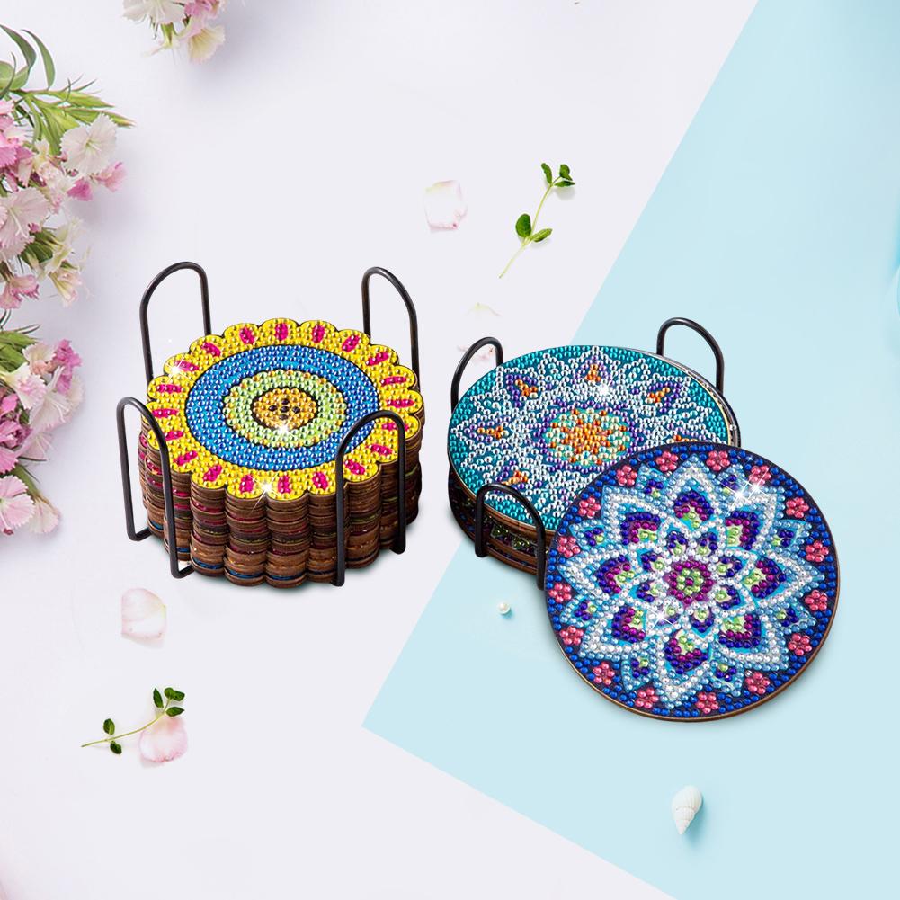 6pcs/8pcs Diy  Coasters With Holder Round Mandala Coasters  Kits Accessories
