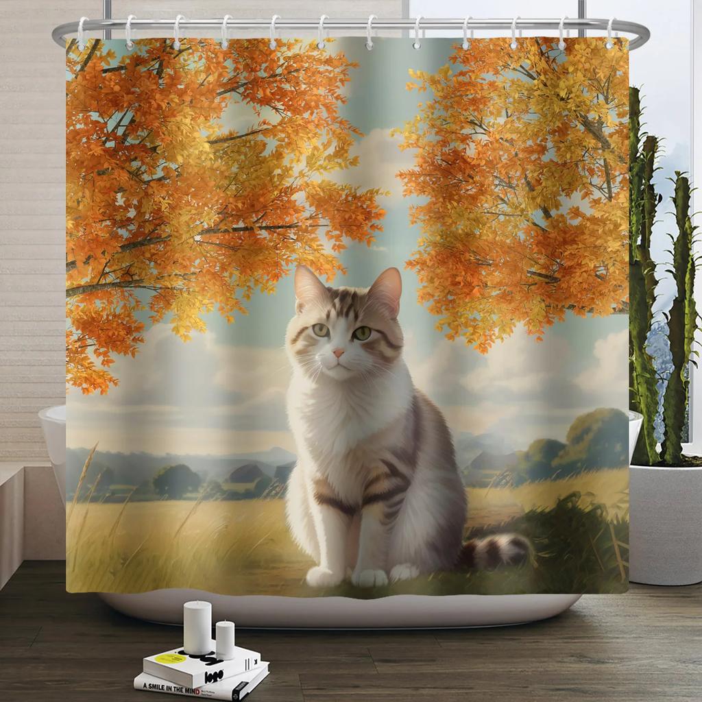 Fall Forest Natural Scene Shower Curtain for Bathroom Autumn Maple Tree Plants Rural Landscape Pumpkin Waterproof Shower Curtain