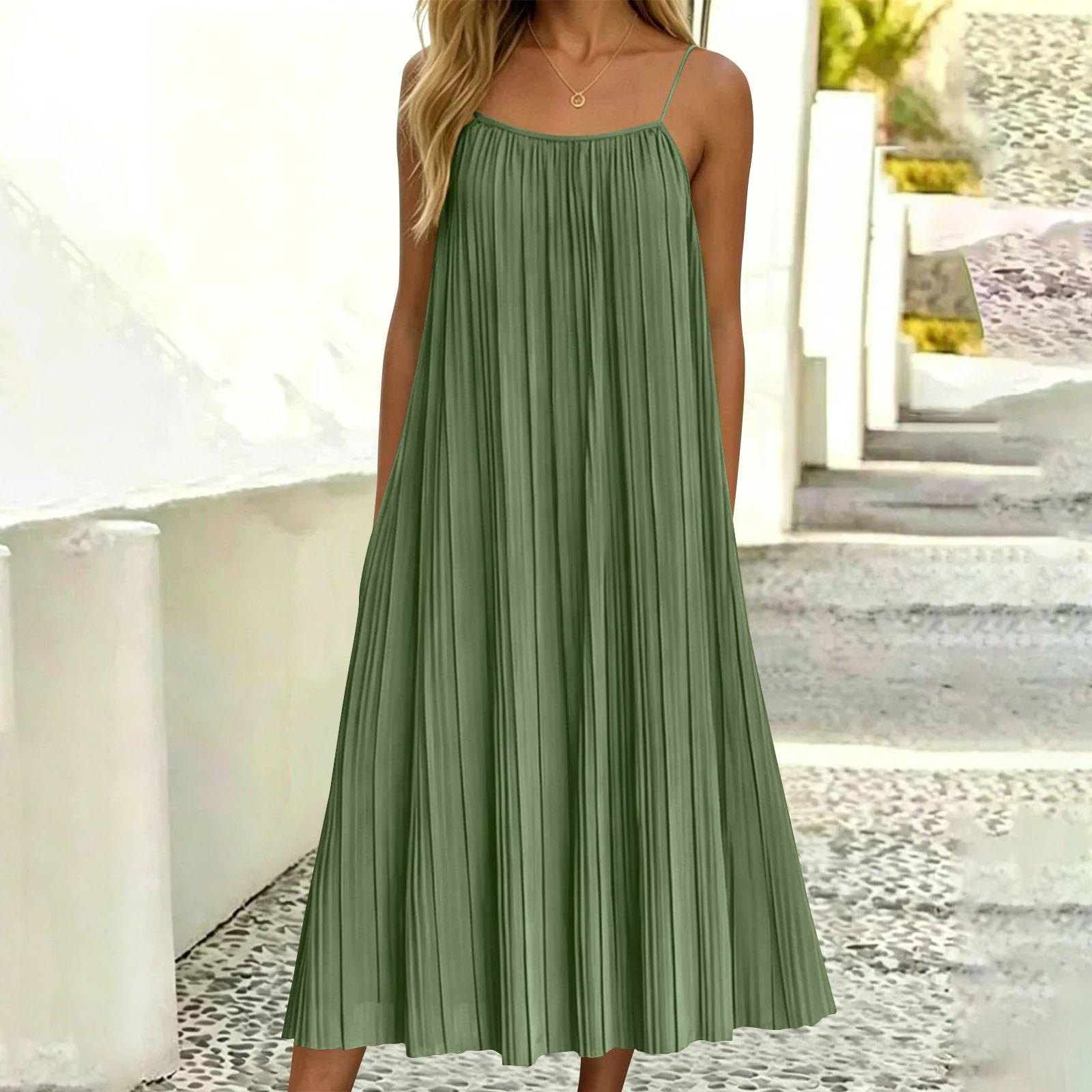 Damen Casual Ärmelloses Plissiertes Träger-Midikleid Lockere Passform S grün