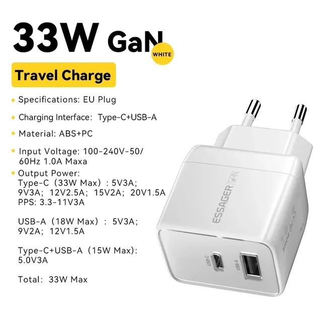 Essager 33W ammonifisert hjemmereiselader USB A + C