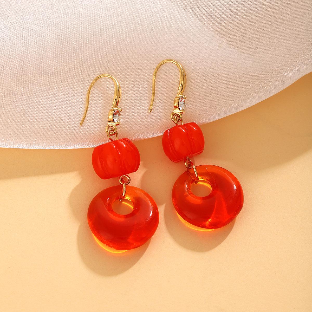 Silver Needle Retro Korean Orange Geometric Rhinestone Pumpkin Earrings