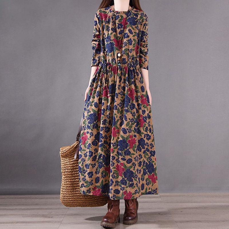 Cotton and Linen Dress Spring Autumn Style Printed Long-sleeved Slimming Retro Floral Temperament Casual Long Skirt