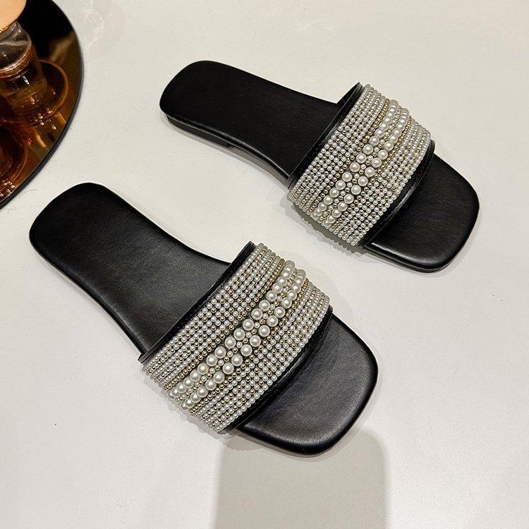 Large size flat-bottomed slippers women's summer new pearl one-word lazy one-pedal soft-soled slippers outer wear