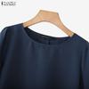 ZANZEA Women Casual Crew Neck Solid Color Loose Half Sleeve Blouse