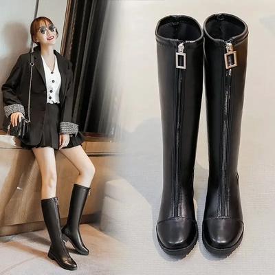 Große Größe 41-43 aber Kniestiefel für Kinder 2025 neues Modell dicke Frontreißverschluss elastische lange Stiefel High Top Ritterstiefel