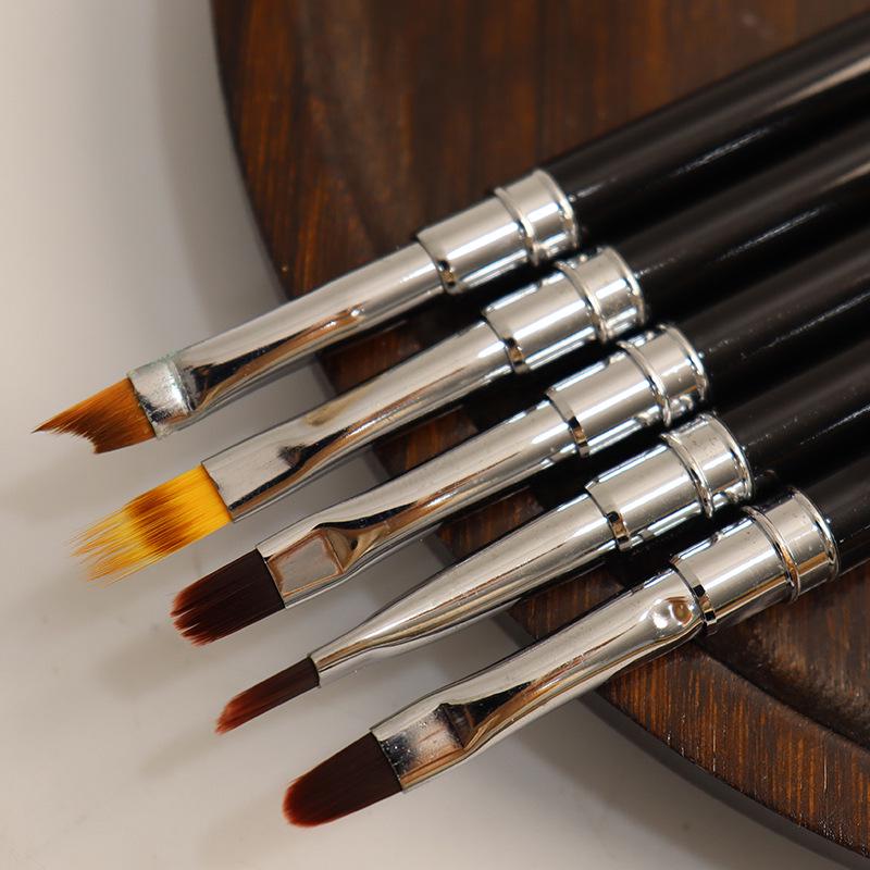 Nail Art Brush Set - 5-Piece with Brown Handles, Copper Tubes, and Nylon Bristles for Blending, Lining, and Gel Polish Painting.