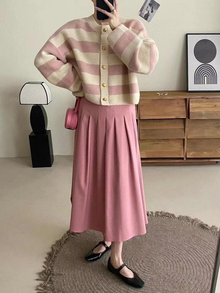 2025 Autumn/Winter Women's Striped Color Block Knit Cardigan - Round Neck, Casual, Versatile Sweater