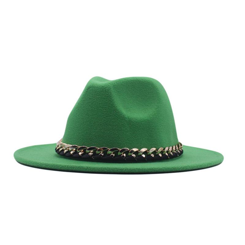European, American Autumn and Winter British Style Fashionable and Elegant Flat-brimmed Big Eaves Hat Top Hat Men and Women Chain Jazz Woolen Hat