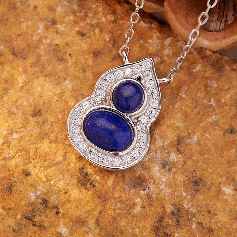 Natural Garnet Turquoise Hetian Jade Lapis Lazuli Nanhong Gourd Pendant Necklace Women'S Set S925 Sterling Silver Colored Treasure