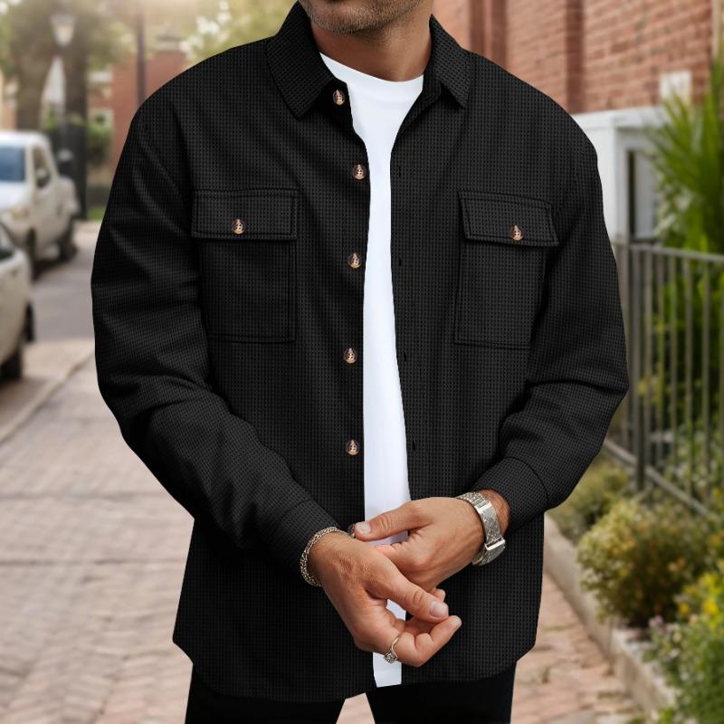 Autumn New Men's Solid Color Waffle Double Pocket Cardigan Long Sleeve Casual Top