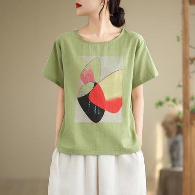 Women's Retro Cotton Linen Printed Loose Short Sleeve Top