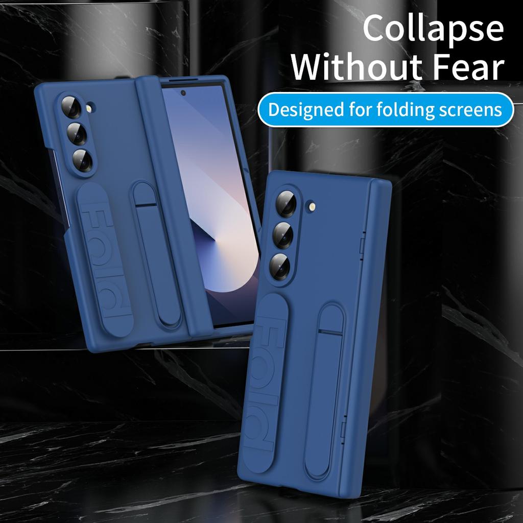 For Samsung Galaxy Z Fold6 5G Case with Tempered Glass Film Silicone Wristband Kickstand PC Phone Cover