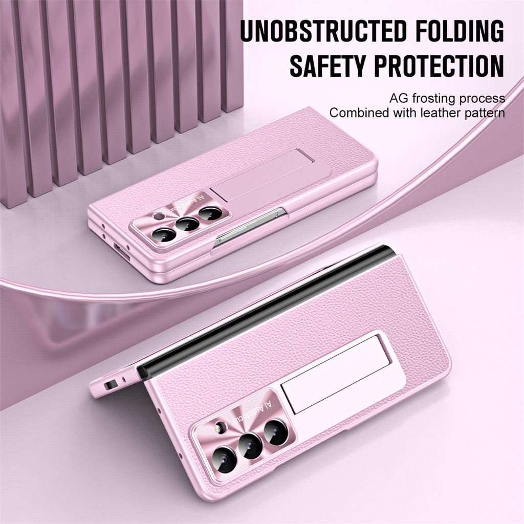 For Samsung Galaxy Z Fold7 5G Case Kickstand Leather+PC Phone Cover with Tempered Glass Film