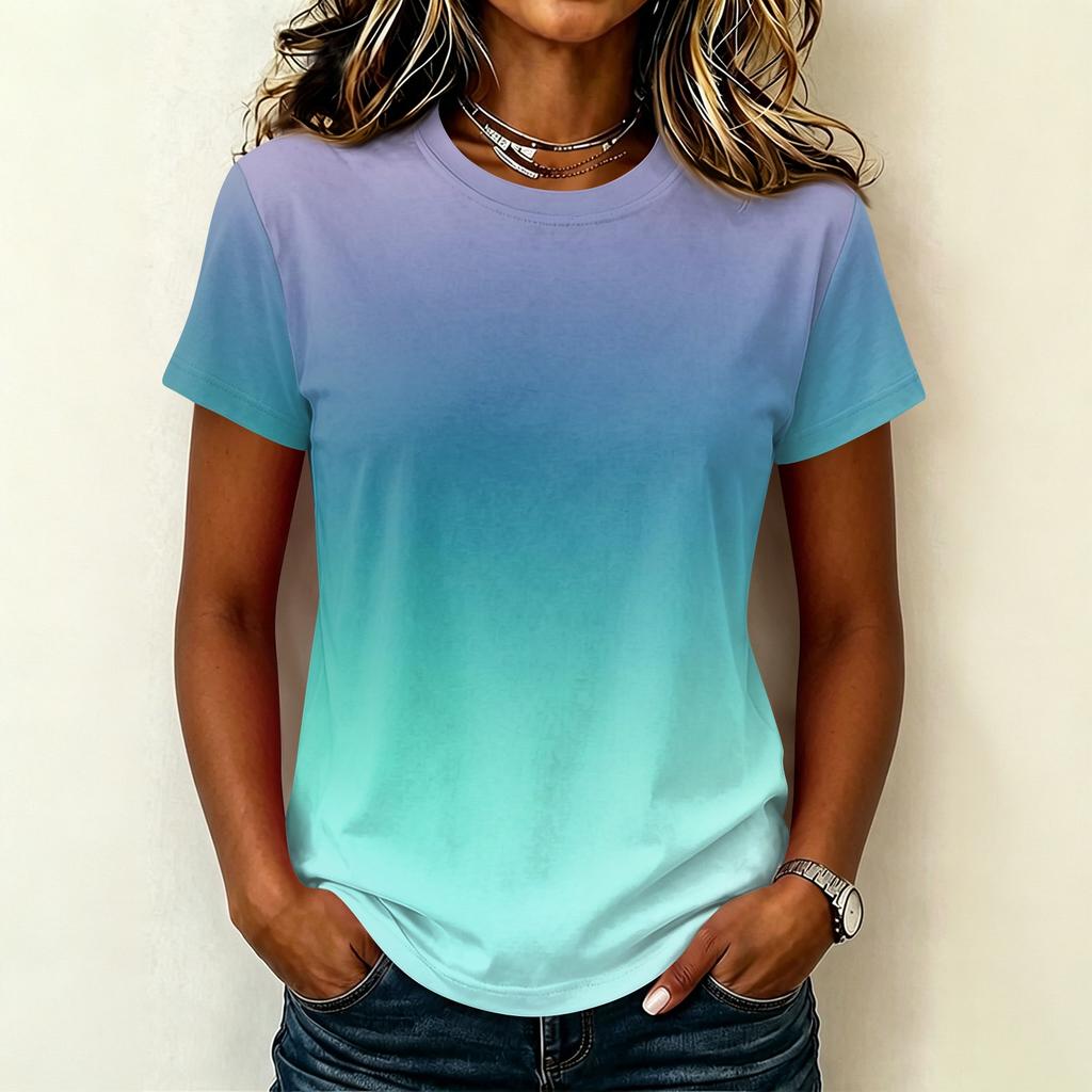 Women's Casual Pullover Short Sleeve T Shirt Gradient Color Crew Neck Top Lightweight Soft Fabric Summer Basic Tee